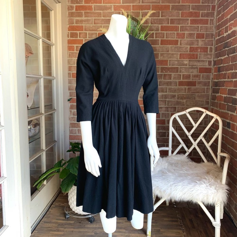 1950s Black V-Neck Wool Dress Wounded Bird
